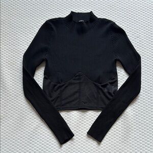 Black Ribbed and Mesh Bustier Long Sleeve Top